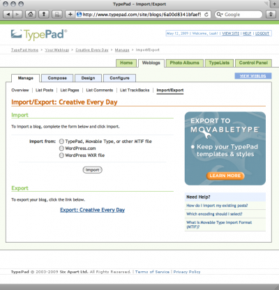 typepad export options