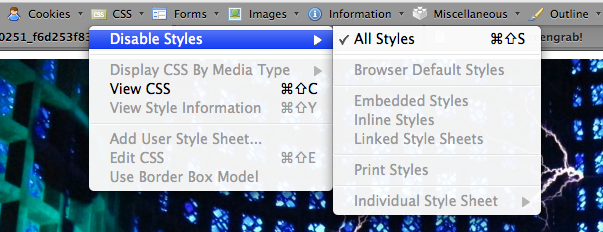 Firefox disable styles Web Developers Toolbar