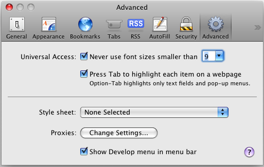 Safari Advanced Options Enable Developer Menu