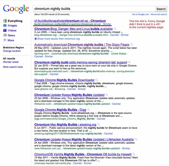 Google Chromium link in search 404