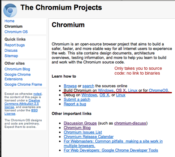 chromium source code link on home page no binaries