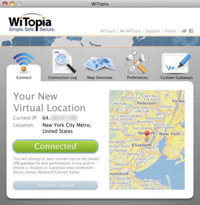 Witopia application interface