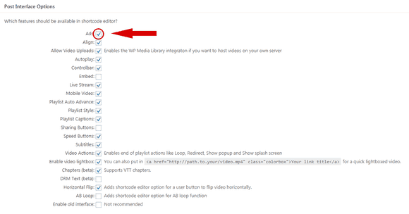 Activating Ads option for shortcode editor in FV Player settings