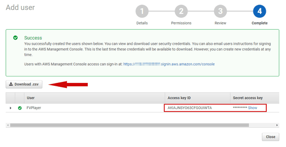 The access and secret keys of a new user in AWS IAM