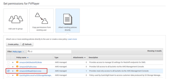 Selecting permissions for the new user in AWS IAM
