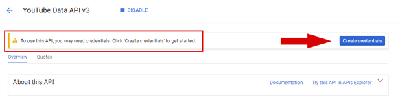 Create credentials to use the YouTube Data API