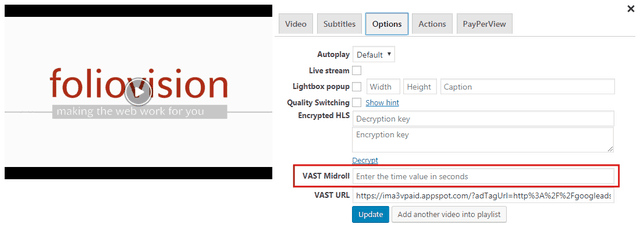 Setting the mid-roll VAST ad placement in FV Player's shortcode editor