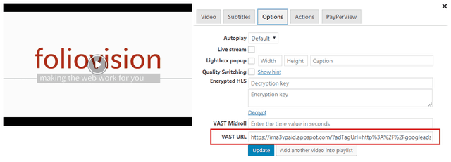 Using VAST or VPAID tags in FV Player's shortcode editor.