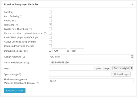 fv player sitewide flowplayer defaults