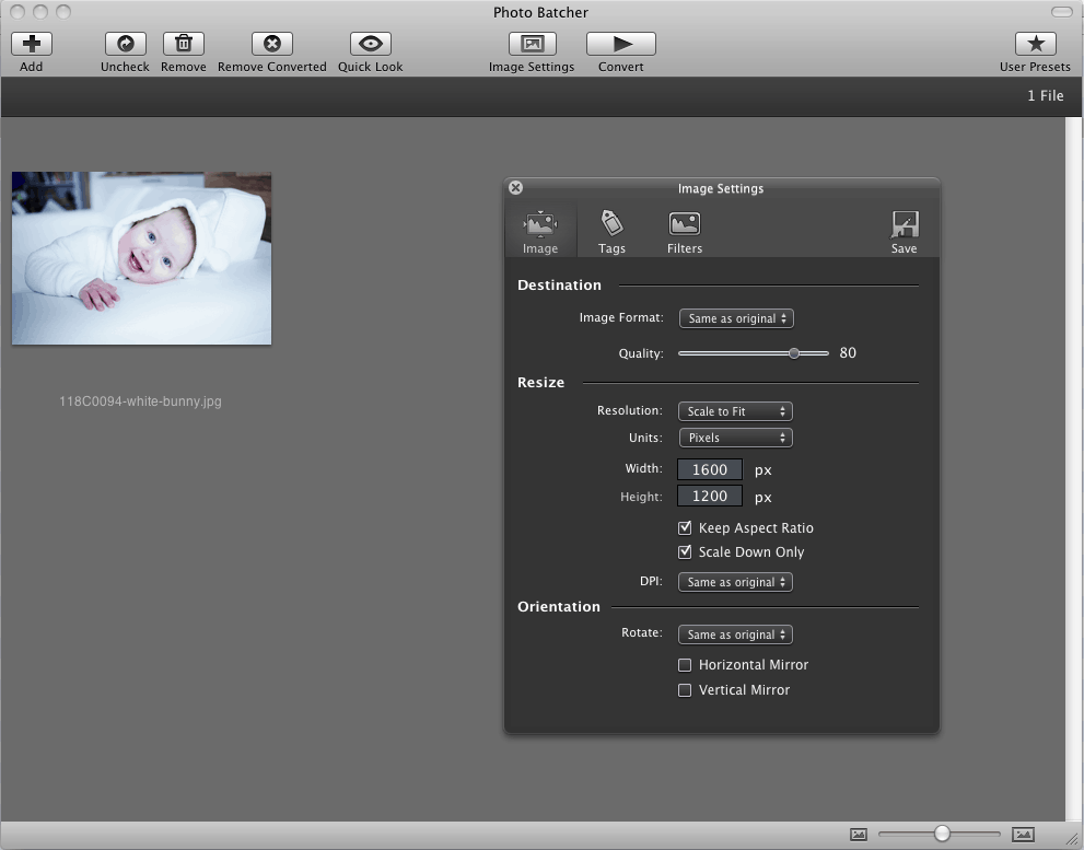 The PhotoBatcher interface isn't bad but no resizing on both width and height alas!