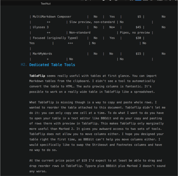 TextNut's preview mode cannot handle tables at all