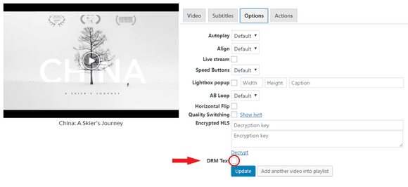 DRM Text in FV Player's shortcode editor