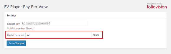 Setting the default rental duration in FV Player Pay Per View settings.