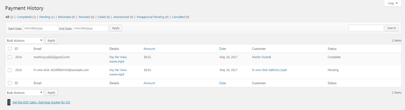 Payment History in WP Admin