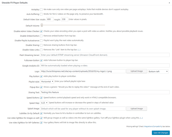 Sitewide FV Player Defaults in the plugin settings