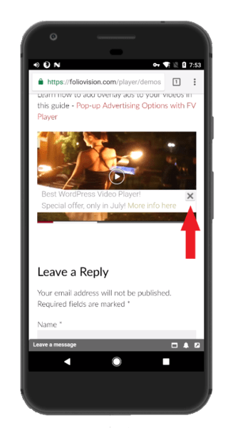 Overlay ad close button on mobile