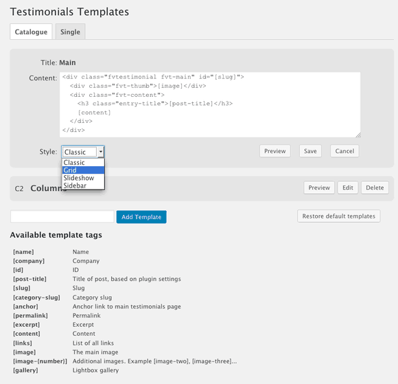 Templates view