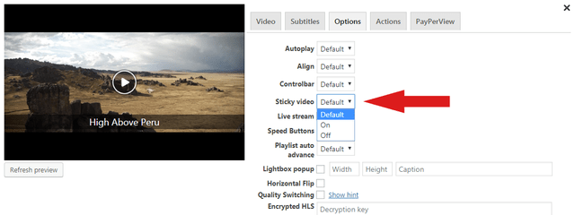 Sticky Video in FV Player's shortcode editor