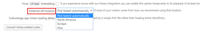 Preferred API location drop-down in FV Player Pro settings