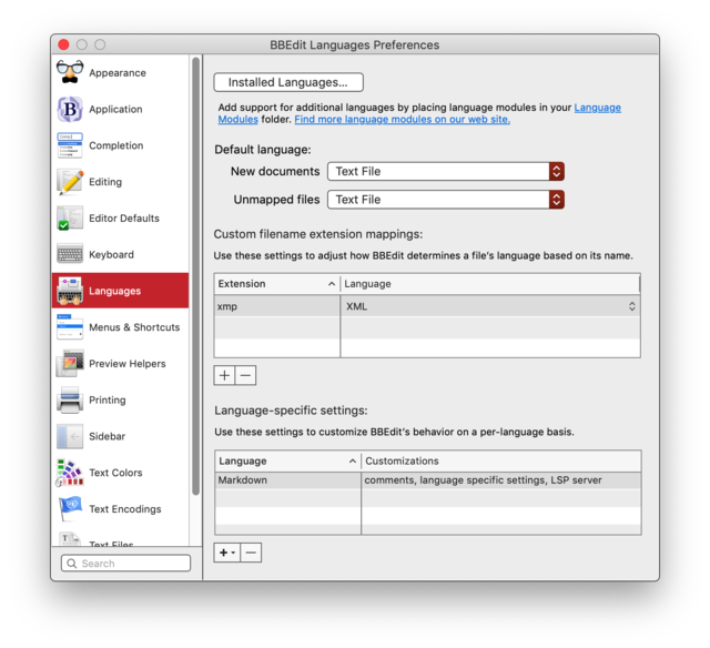 BBEdit Preferences to set up XMP code highlighting